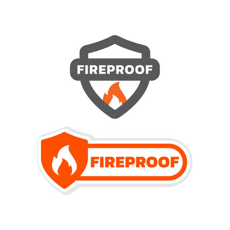 Fireproof with shield and flame vector labels. Fire proof or resistant label set.のイラスト素材