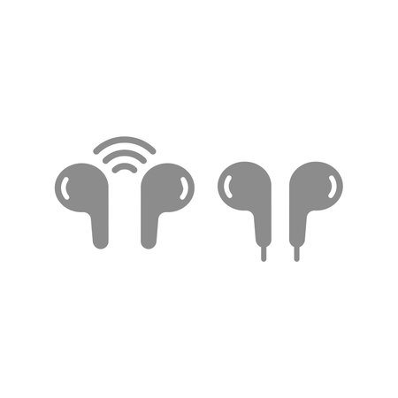 Earbuds or earphones wireless and with wire icons. Headphones hand free and with cord icon set.のイラスト素材