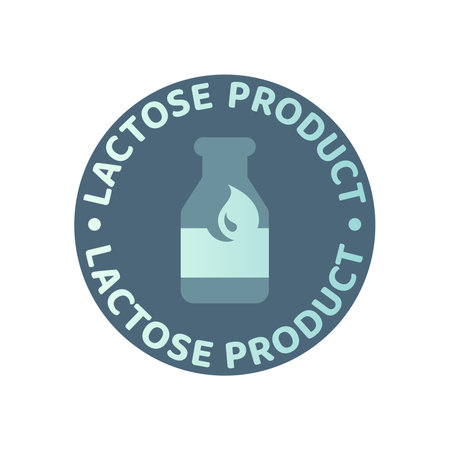 Lactose product colorful vector label. Dairy, cow milk sticker with bottle icon.のイラスト素材