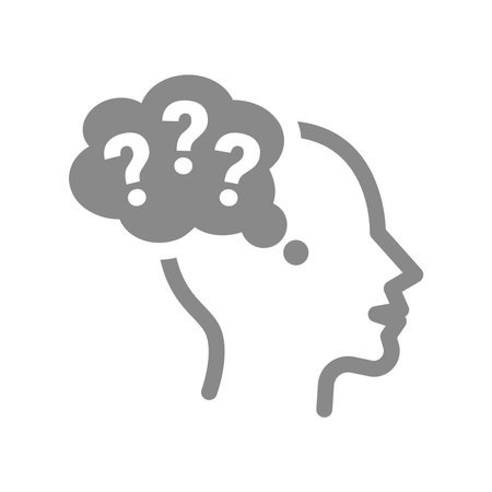 Curious mind, brain with question mark vector icon. Thinking, asking questions and human intelligence and learning.のイラスト素材