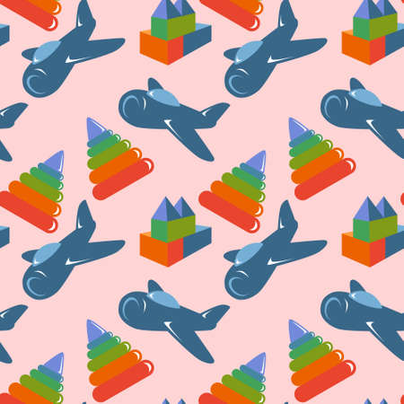 Children toys seamless retro pattern made of planes and other baby toysのイラスト素材