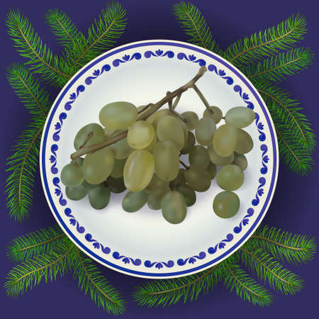 Vector bunch of grapes on plate illustrationのイラスト素材