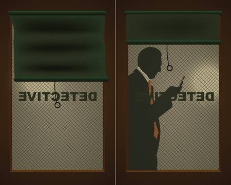Detectives door and a silhouette of a man with a cell phoneのイラスト素材