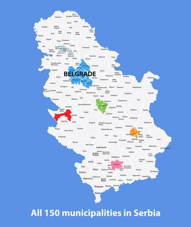 Political map of Serbia with ALL MUNICIPALITIES separated and marked  VECTORのイラスト素材