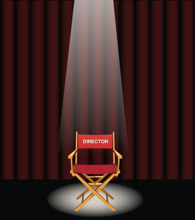 A directors chair on a stage with a red curtain and spotlightのイラスト素材