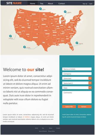 Website template for business presentation, with a map of USA and contact formのイラスト素材