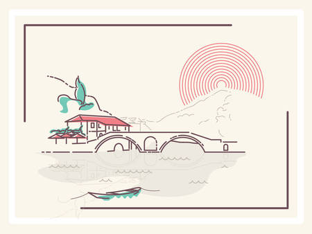 Village by the Bridge - minimalistic vector illustrationのイラスト素材