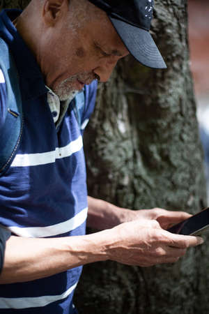Latin American looking at the phone near a treeの写真素材