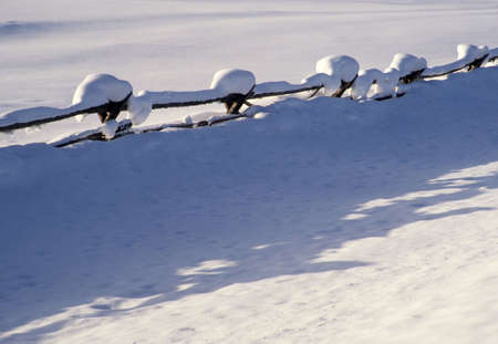 Fencw in winter with snow and shadowの写真素材