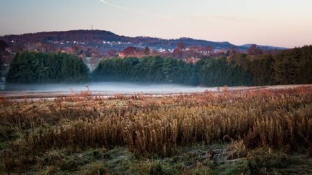 Autumn scene of mist clinging to a low field in Wyomissing Park in eastern Pennsylvaniaの写真素材