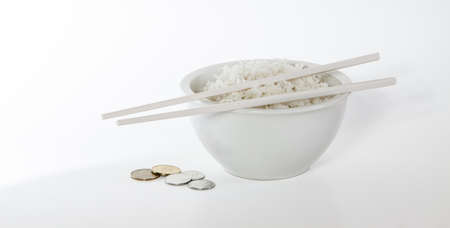 all white rice bowl with change donation to help feed the hungryの写真素材