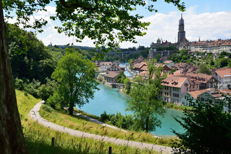 View of the old town of Bern and the Aare river, Switzerlandの写真素材