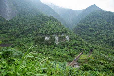 Train drive through a tunnel near Shimizu cliff in Hualien county, Taiwan.