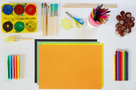 Artistic tools on white small table for children.の写真素材