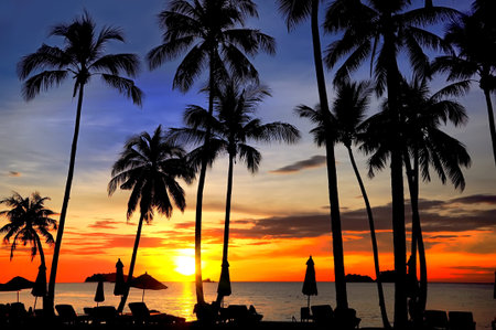 Coconut palms on sand beach in tropic on sunset. Siam Bay.Thailand