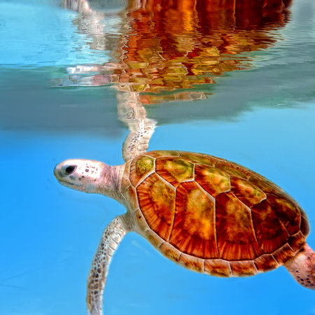 Green turtle underwater  Reflection on surface  
