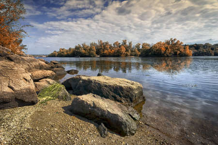 Khortytsia island (Ukraine) Autumn Trees Reflectionの写真素材