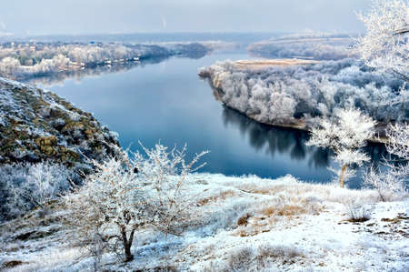 Frozen tree on winter field and blue riverの写真素材