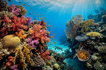 Wonderful and beautiful underwater world with corals and tropical fishの写真素材