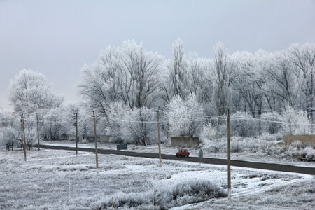 A panoramic view of a snowy urban landscape in Ukraineの写真素材