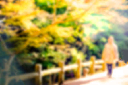 Blurred people and colorful maple treeの写真素材