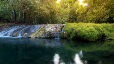 waterfall in forest with sun lightの写真素材