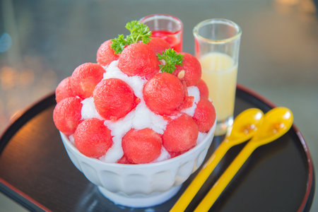 watermelon bingsu dessert with milk and watermelon syrup.の写真素材