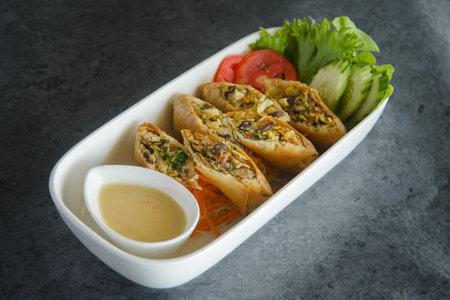chinese spring roll and souce on loftの写真素材