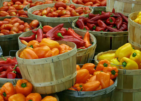 Several Baskets Of Multicolored Peppers And Tomatoesの写真素材