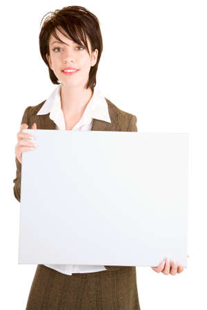 Businesswoman Holding a Blank White Signの写真素材