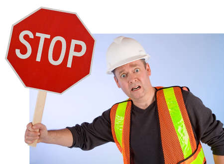 Conceptual Construction Worker Asking to Stop Doing Somethingの写真素材