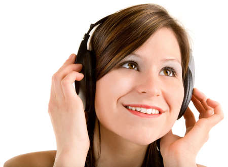 Lady Listening to Music with Headphones の写真素材