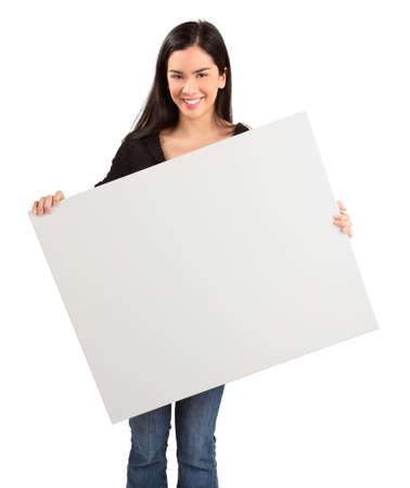 Young Woman Holding a Blank White Signの写真素材