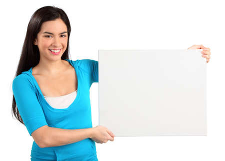 Young Woman Holding a Blank White Signの写真素材