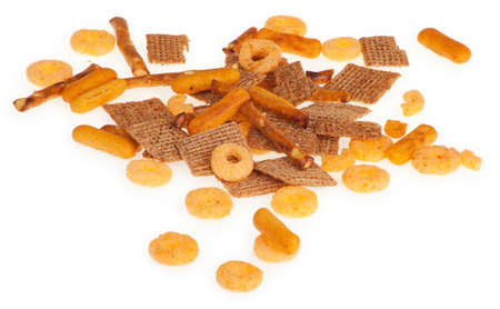 This is a mix of salted pretzels, cereal squares and cheezy bread crisps.の写真素材