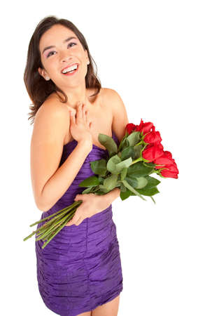 Happy Woman Holding Rosesの写真素材