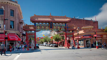 Victoria, British Columbia, Canada - July 7, 2013  Victoria Chinatown is the oldest in Canada and second oldest in North America  Its gate is known as The Gates of Harmonious Interest  のeditorial素材