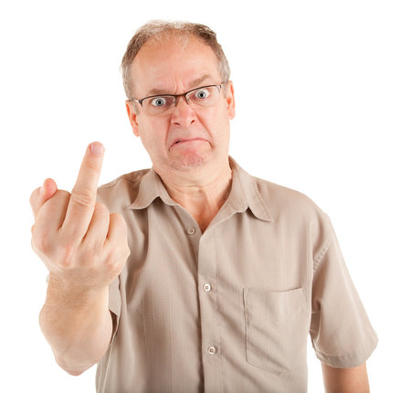 Grumpy Man Giving the Middle Fingerの写真素材