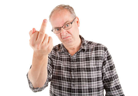 Man displeased about something is showing the middle finger.の写真素材