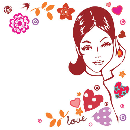 female portrait in an environment of decorative flower elements and heartsのイラスト素材