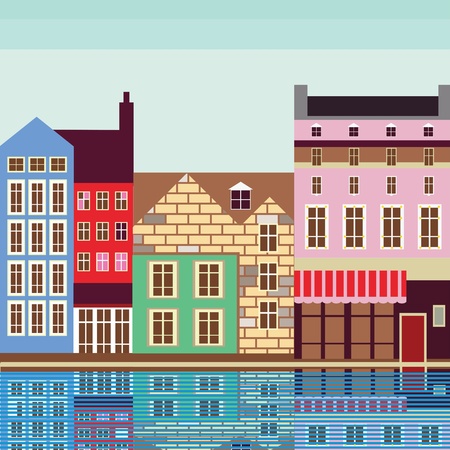 European city on the river quality illustrationのイラスト素材