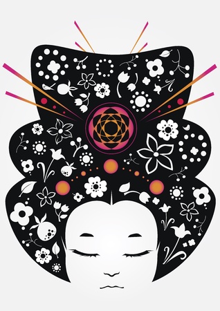Japan girl with great hairdress with floral ornamentのイラスト素材