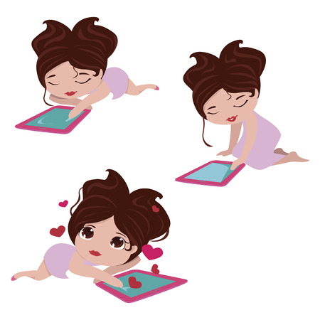 Cute little girl with gadgetのイラスト素材