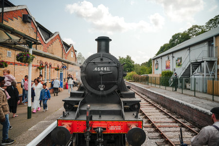 Steam train at a historic station surrounded by families enjoying a sunny day in the countrysideの写真素材