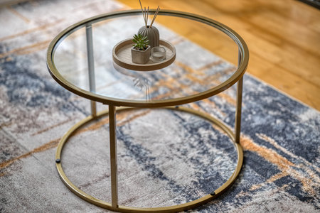 Elegant glass coffee table with gold frame and decorative elements in a cozy interior settingの写真素材