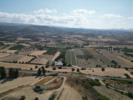 Expansive view of farmland with fields and orchards under a clear sky in a rural landscapeの写真素材