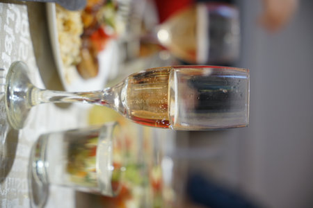 Celebrating a special occasion with sparkling drink and delicious food at a cozy gatheringの写真素材