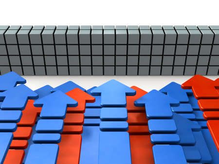 Numerous arrows flocking in front of the barrier. It's trying to break in. 3D illustrationの写真素材