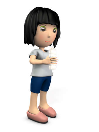 A young woman trying to drink water from a plastic bottle. 3D illustrationの写真素材