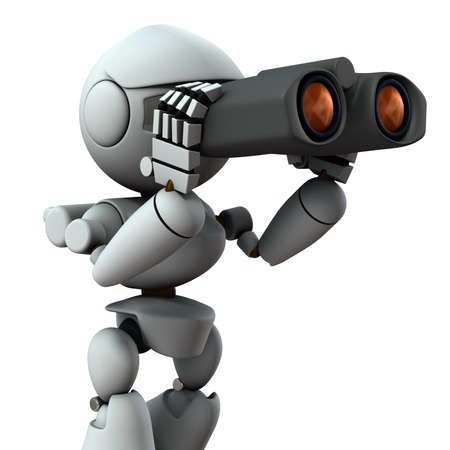 Artificial intelligence robots are looking ahead using binoculars. White background. 3D illustration.の写真素材